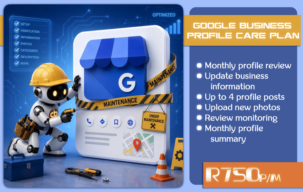 Robot maintaining a Google Business Profile with regular updates and review monitoring.