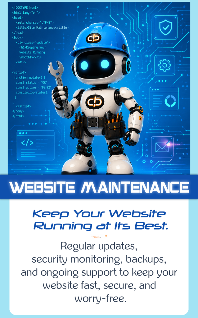 Robot performing website maintenance and updates for small business websites.
