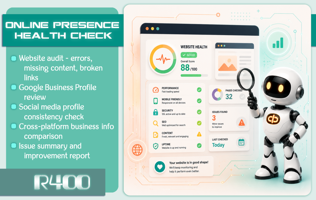 Robot reviewing a business website and online presence using a digital health check dashboard.
